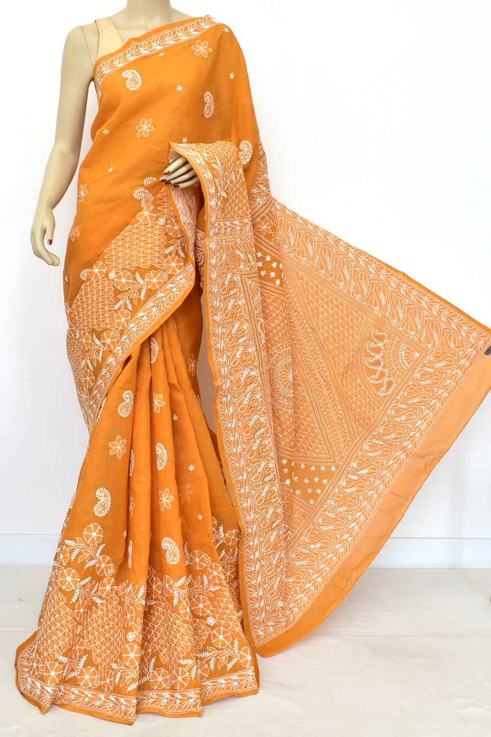 Mustard Hand-Embroidered Lucknowi Chikankari Cotton Saree with Blouse Skirt Border Rich Pallu 15170