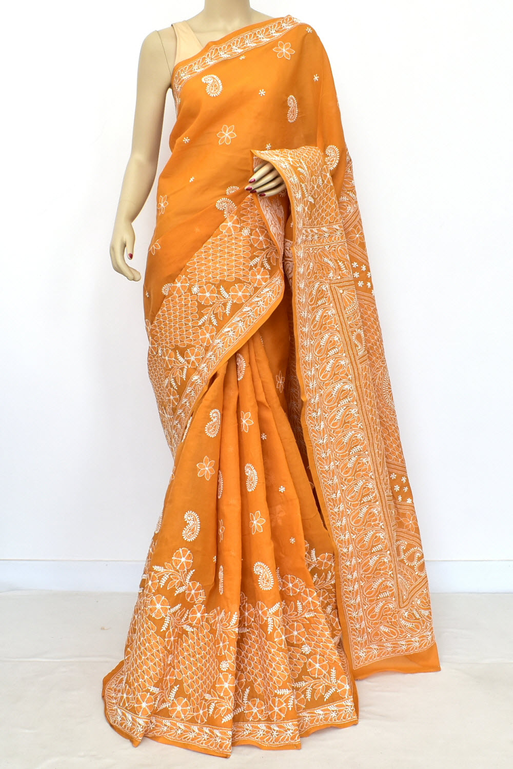 Mustard Hand-Embroidered Lucknowi Chikankari Cotton Saree with Blouse Skirt Border Rich Pallu 15170
