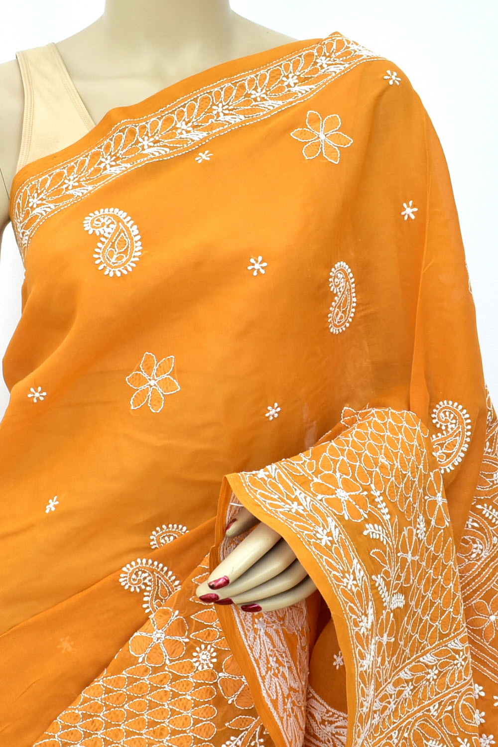 Mustard Hand-Embroidered Lucknowi Chikankari Cotton Saree with Blouse Skirt Border Rich Pallu 15170