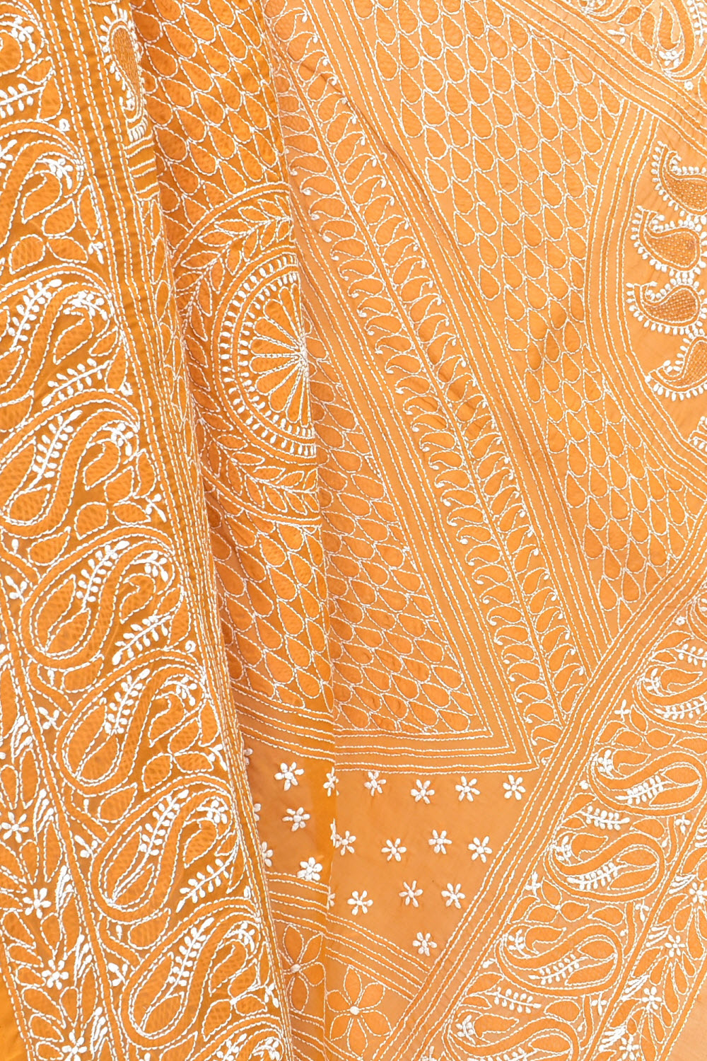 Mustard Hand-Embroidered Lucknowi Chikankari Cotton Saree with Blouse Skirt Border Rich Pallu 15170