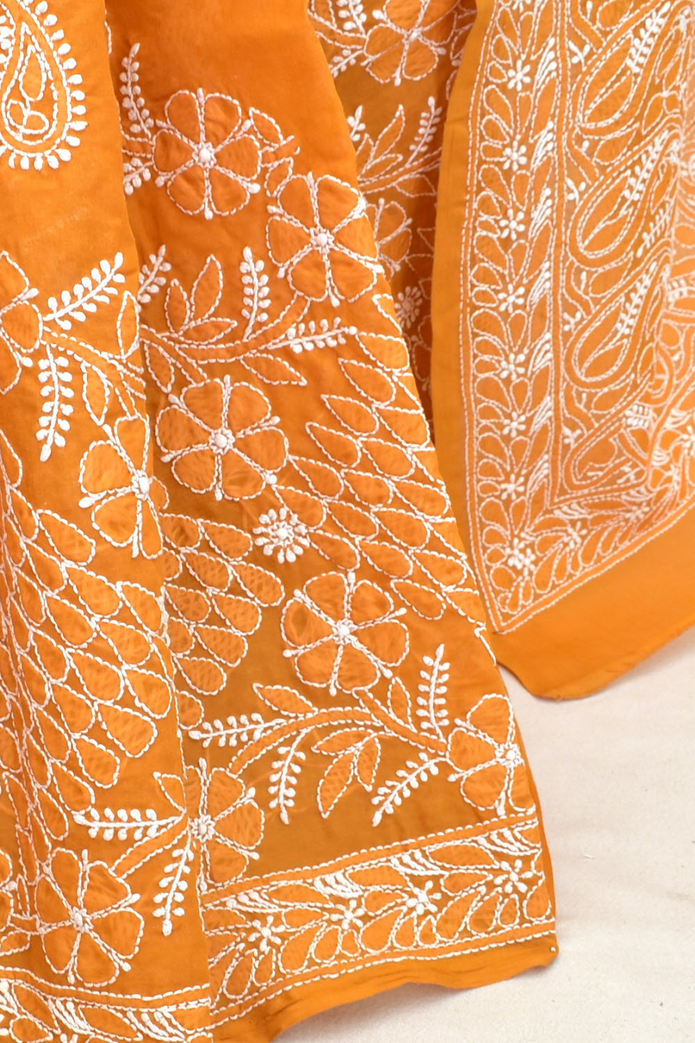 Mustard Hand-Embroidered Lucknowi Chikankari Cotton Saree with Blouse Skirt Border Rich Pallu 15170
