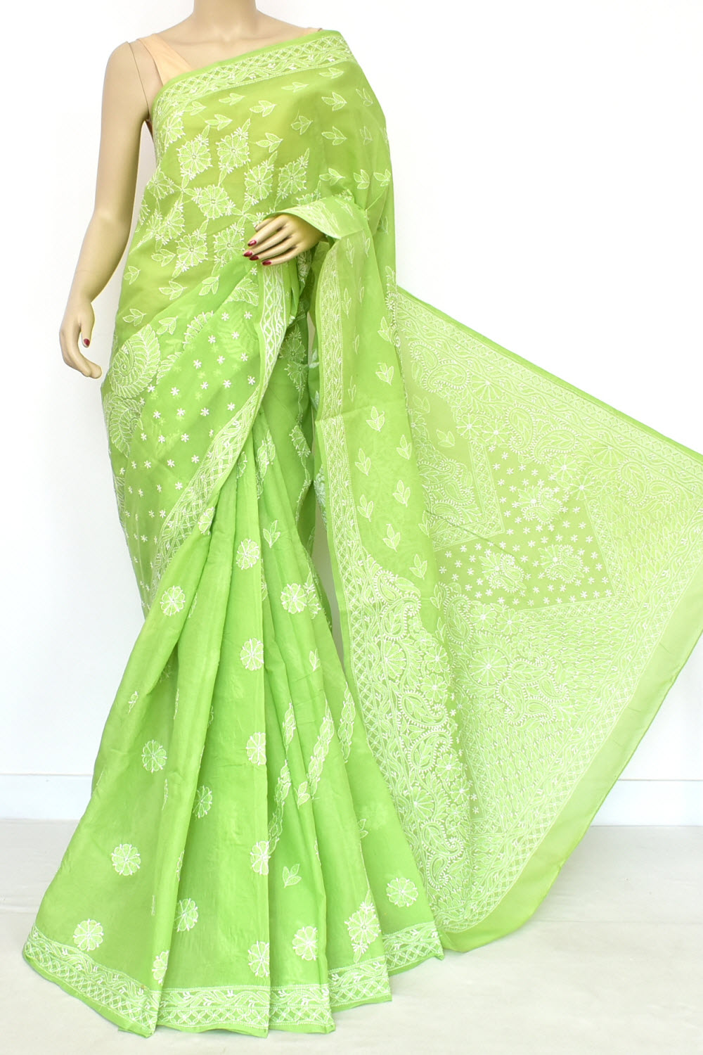 Mehandi Green Hand-Embroidered Lucknowi Chikankari Cotton Saree with Blouse Rich Pallu 15175