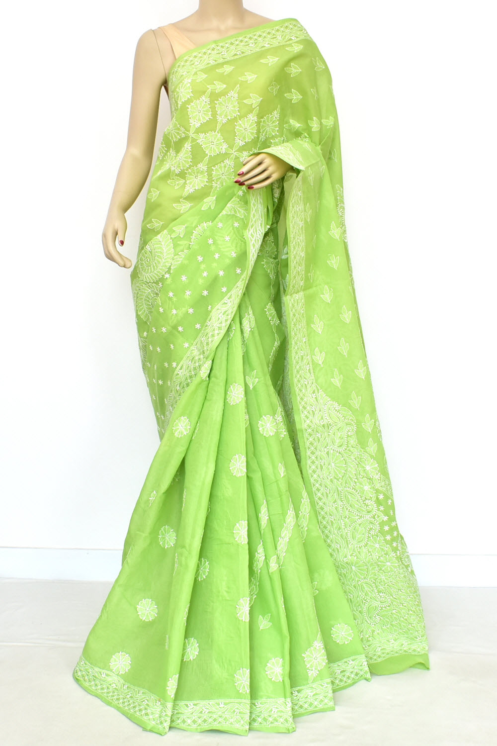 Mehandi Green Hand-Embroidered Lucknowi Chikankari Cotton Saree with Blouse Rich Pallu 15175