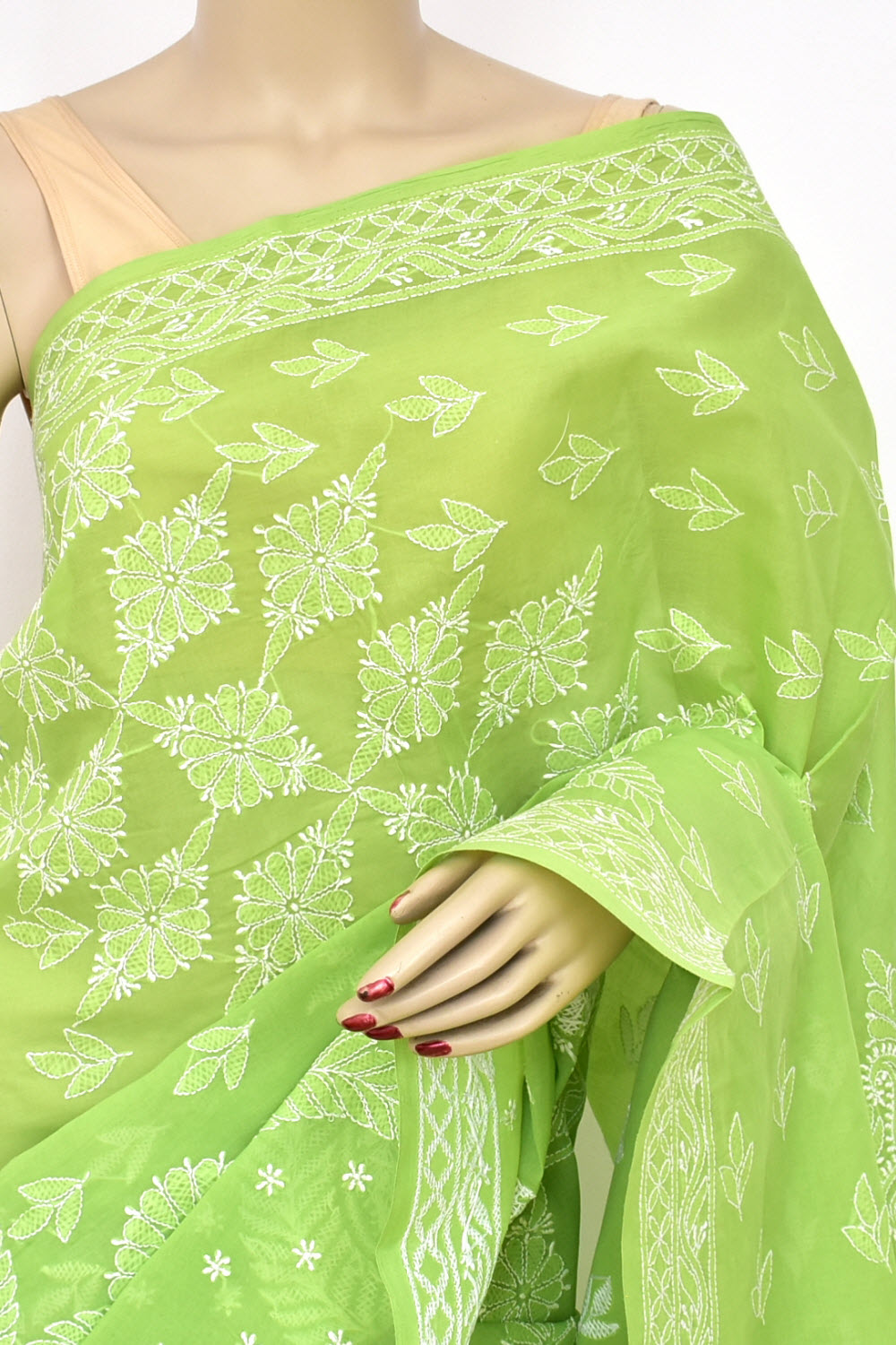 Mehandi Green Hand-Embroidered Lucknowi Chikankari Cotton Saree with Blouse Rich Pallu 15175