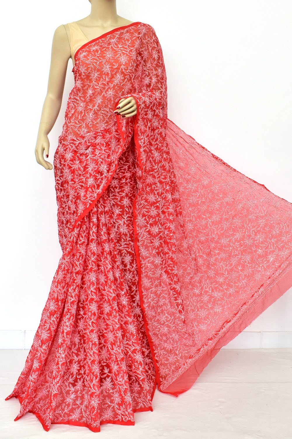 Red Hand-Embroidered Allover Tepchi work Lucknowi Chikankari Georgette Saree with Blouse