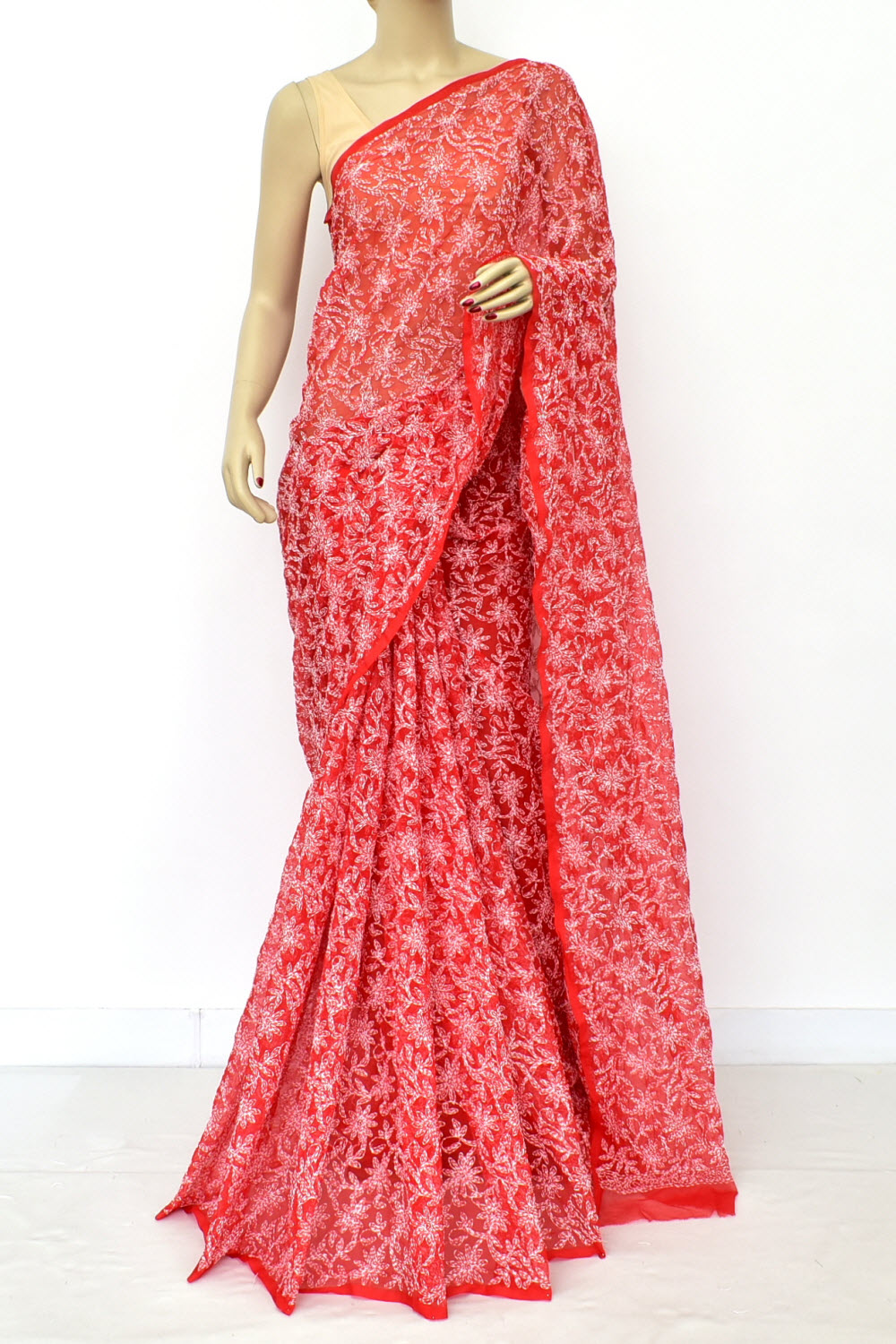 Red Hand-Embroidered Allover Tepchi work Lucknowi Chikankari Georgette Saree with Blouse
