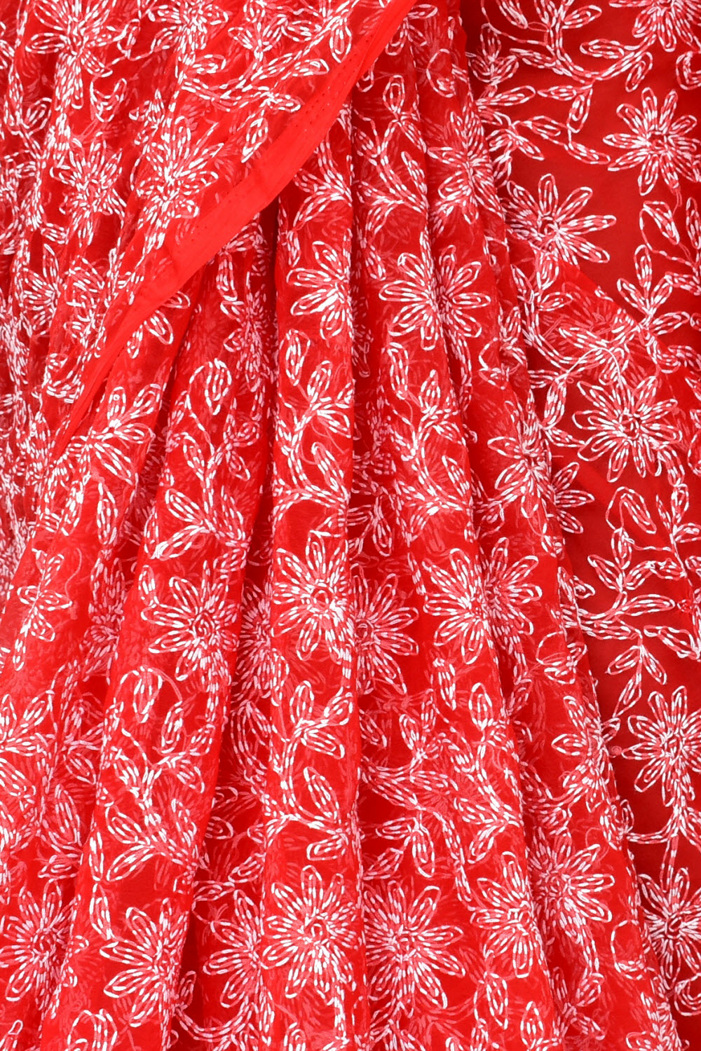 Red Hand-Embroidered Allover Tepchi work Lucknowi Chikankari Georgette Saree with Blouse