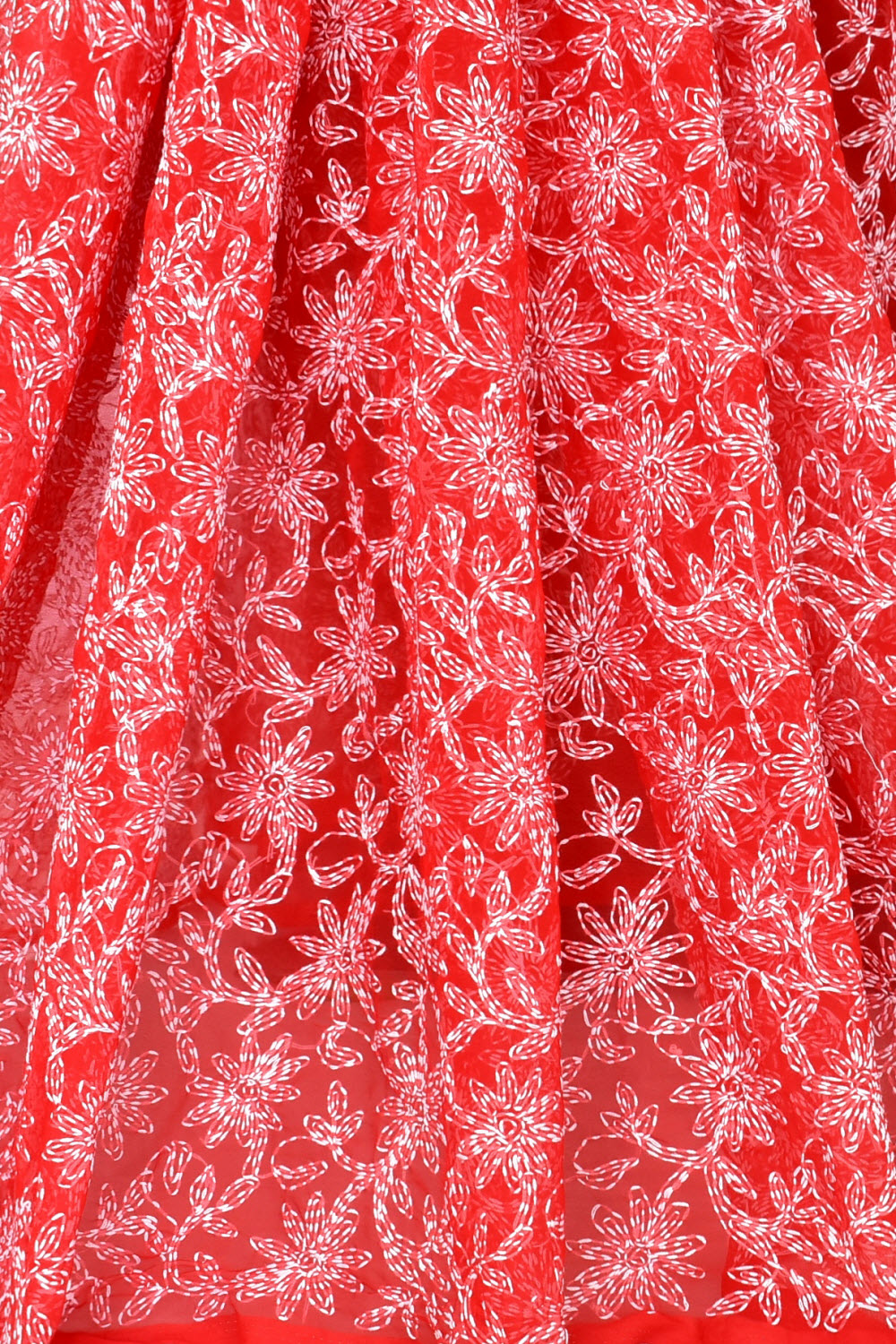 Red Hand-Embroidered Allover Tepchi work Lucknowi Chikankari Georgette Saree with Blouse