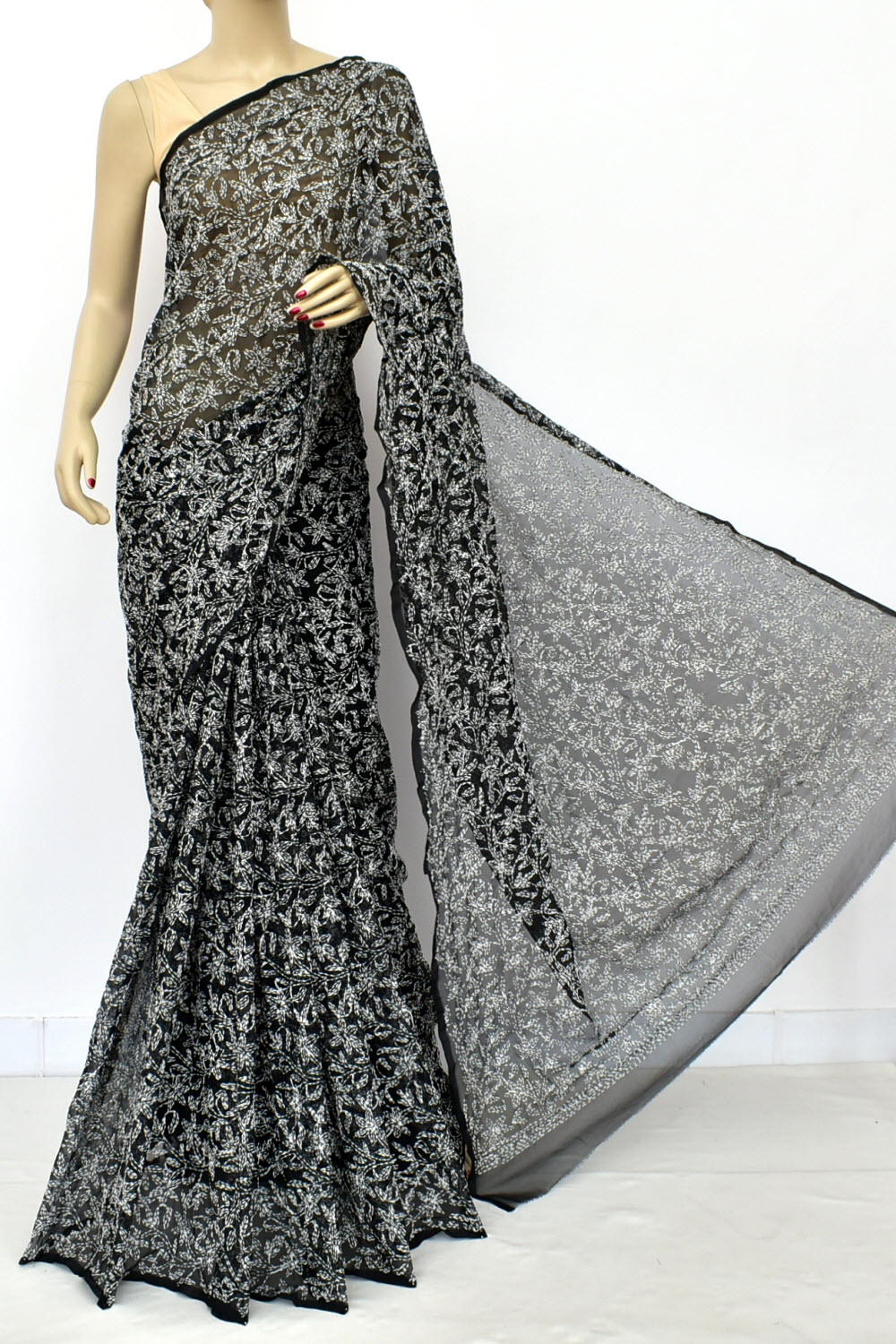 Black Hand-Embroidered Allover Tepchi work Lucknowi Chikankari Georgette Saree with Blouse