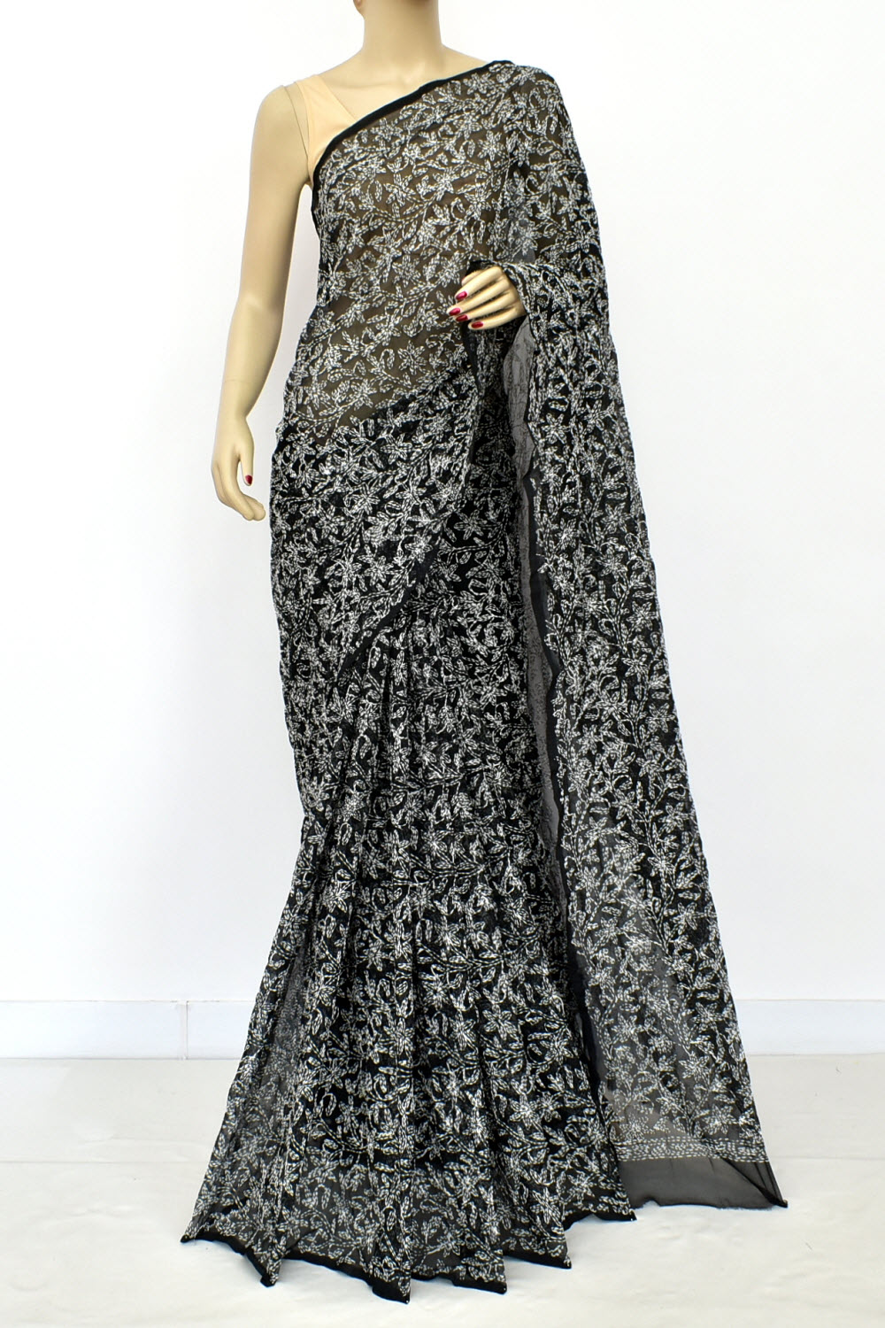 Black Hand-Embroidered Allover Tepchi work Lucknowi Chikankari Georgette Saree with Blouse