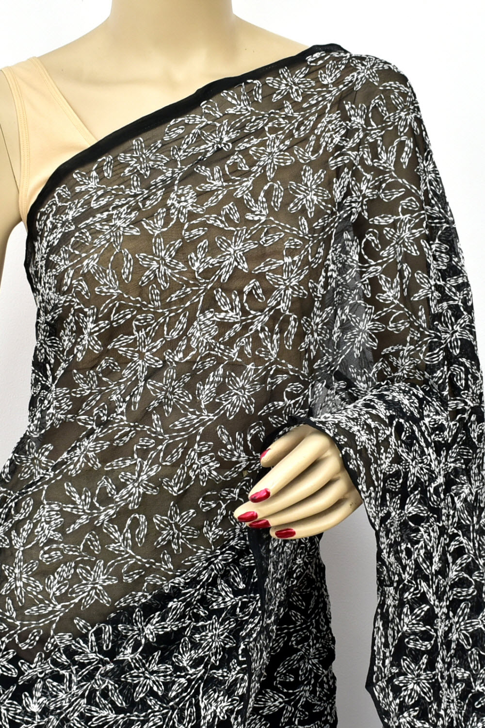 Black Hand-Embroidered Allover Tepchi work Lucknowi Chikankari Georgette Saree with Blouse
