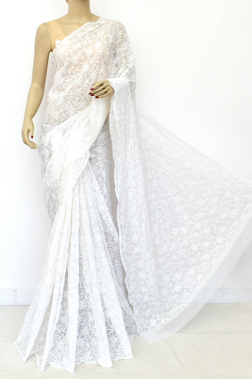 White Hand-Embroidered Allover Tepchi work Lucknowi Chikankari Georgette Saree with Blouse