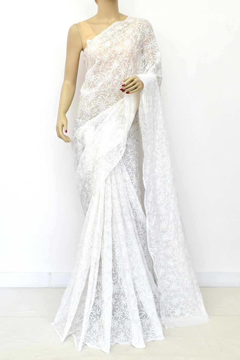 White Hand-Embroidered Allover Tepchi work Lucknowi Chikankari Georgette Saree with Blouse
