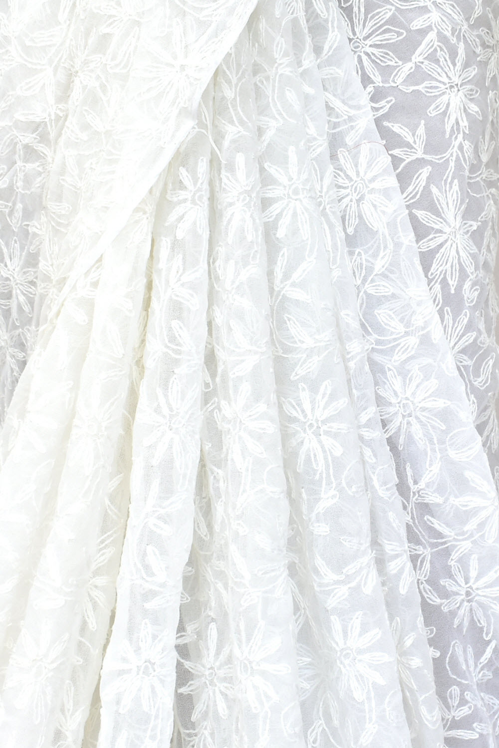 White Hand-Embroidered Allover Tepchi work Lucknowi Chikankari Georgette Saree with Blouse