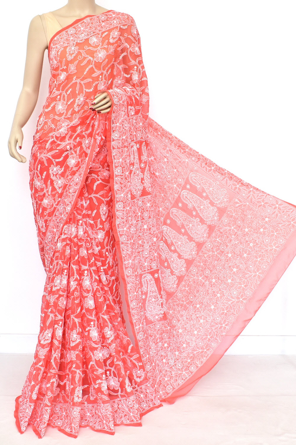 Carrot Red Allover Hand-Embroidered Lucknowi Chikankari Georgette Saree with Blouse 15199