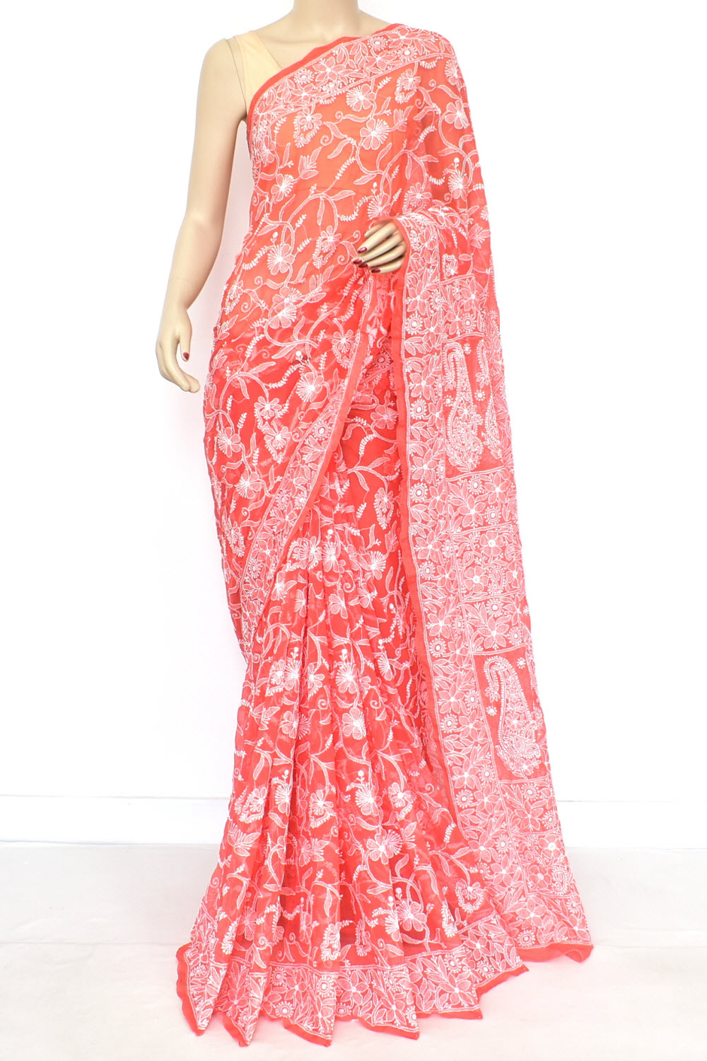 Carrot Red Allover Hand-Embroidered Lucknowi Chikankari Georgette Saree with Blouse 15199