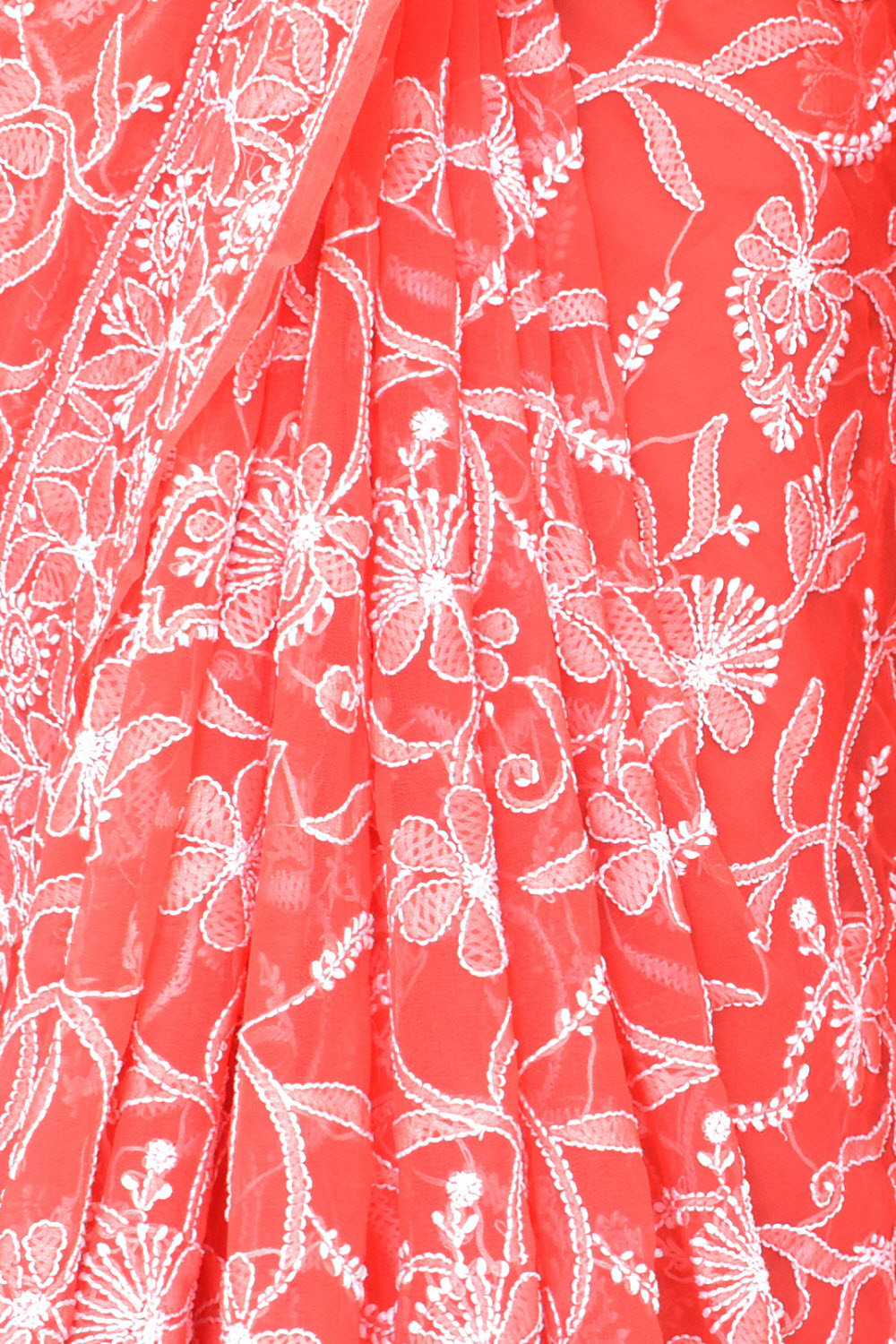 Carrot Red Allover Hand-Embroidered Lucknowi Chikankari Georgette Saree with Blouse 15199