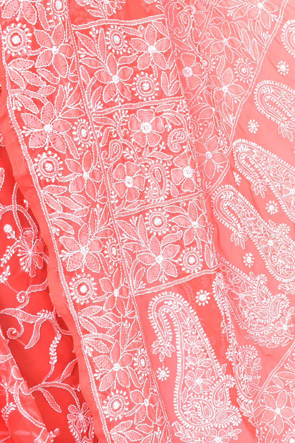 Carrot Red Allover Hand-Embroidered Lucknowi Chikankari Georgette Saree with Blouse 15199