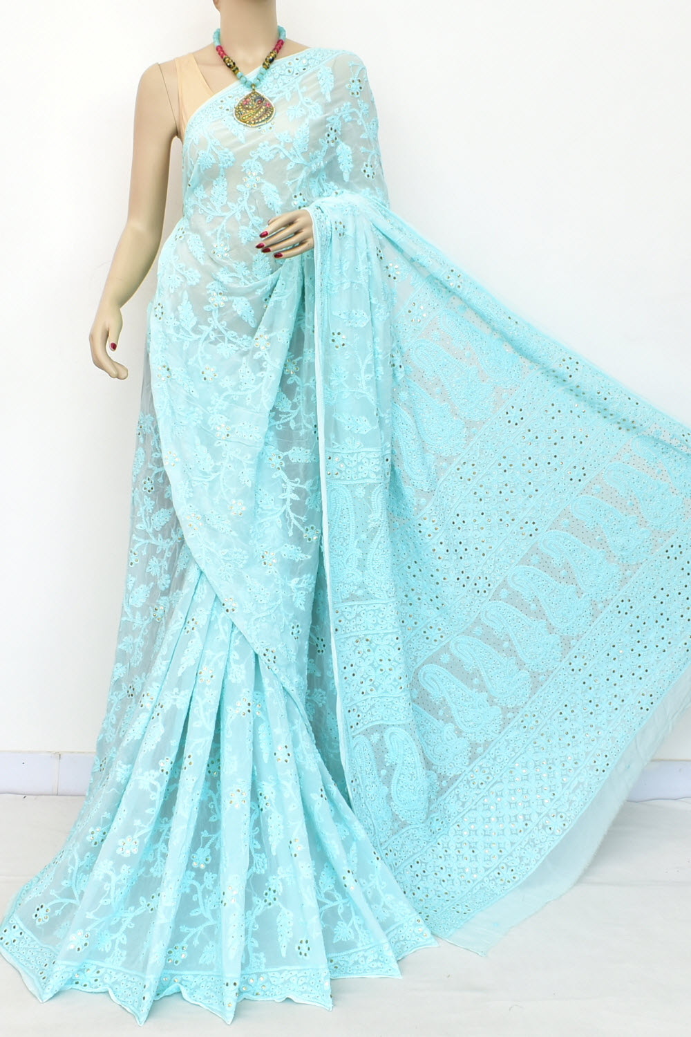 Sea Green Allover Hand-Embroidered Lucknowi Chikankari Pure Georgette Saree with Blouse Embellished with Mukaish work