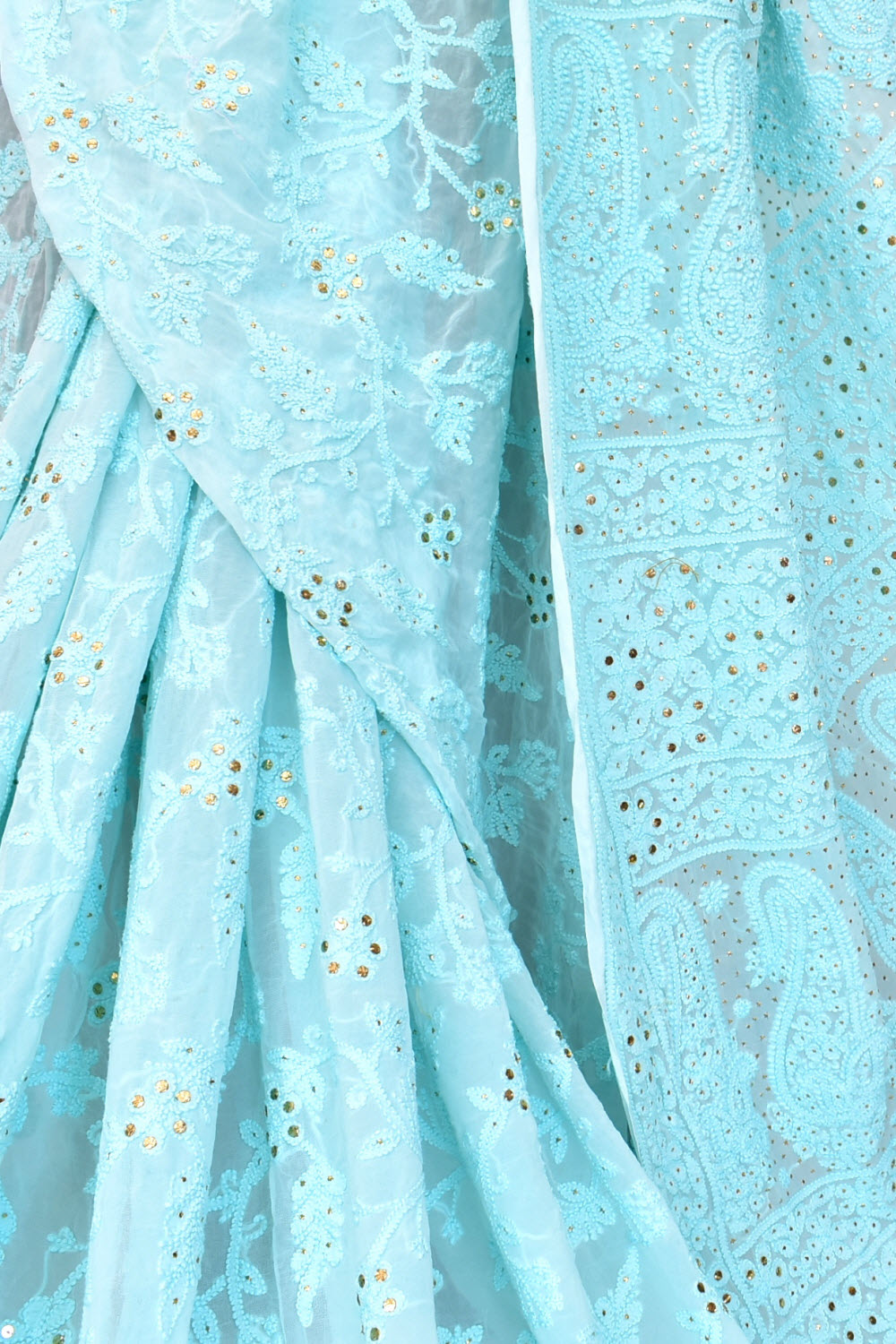 Sea Green Allover Hand-Embroidered Lucknowi Chikankari Pure Georgette Saree with Blouse Embellished with Mukaish work