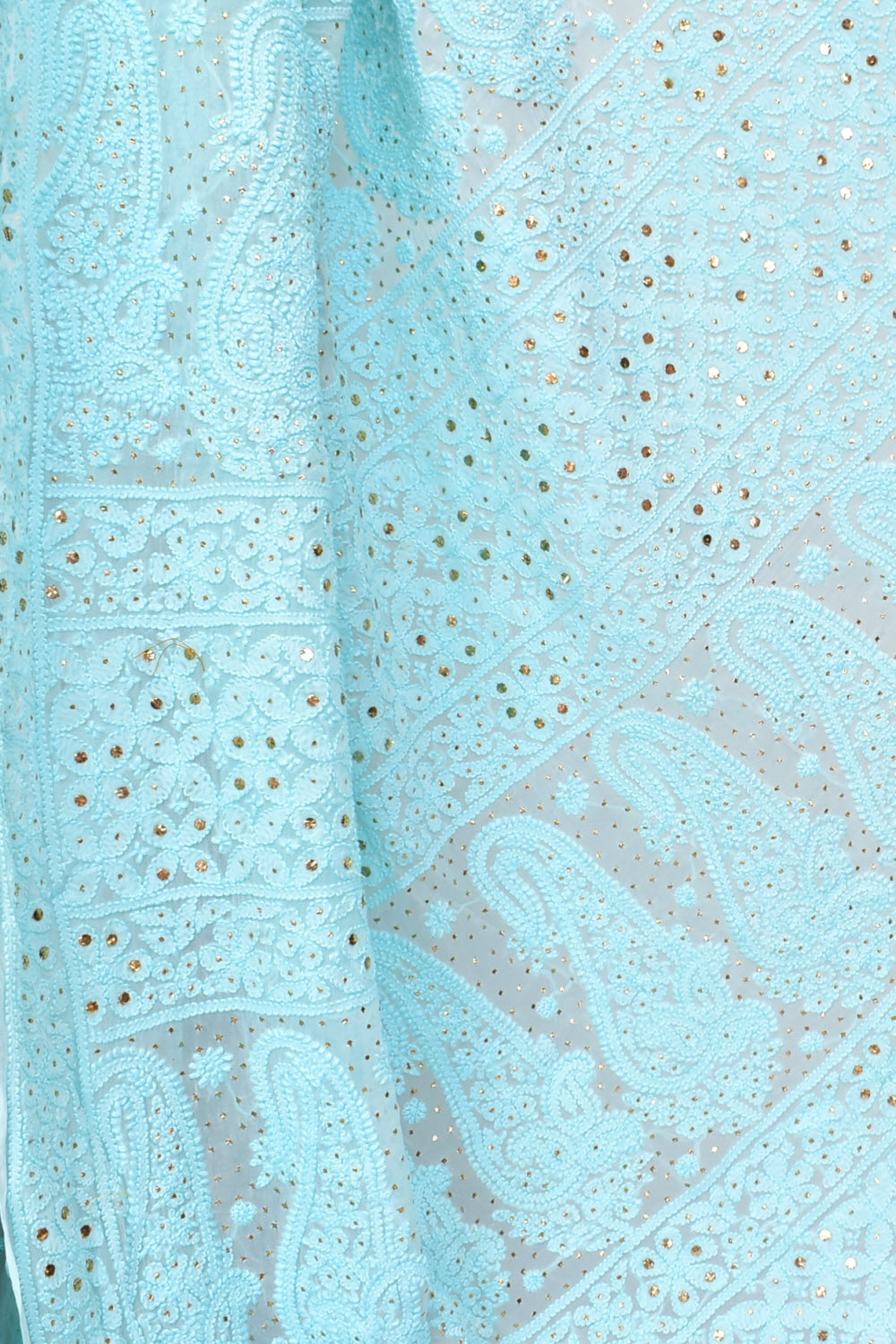 Sea Green Allover Hand-Embroidered Lucknowi Chikankari Pure Georgette Saree with Blouse Embellished with Mukaish work