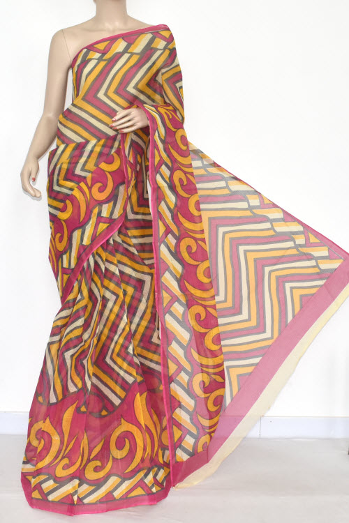 Pink-Yellow Handloom Kota Doria Cotton Saree 15344