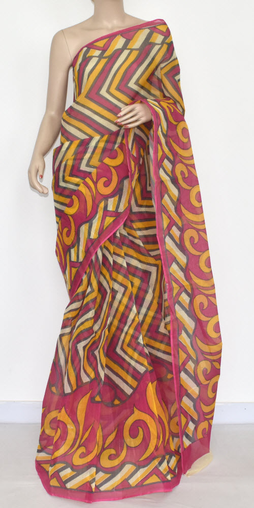 Pink-Yellow Handloom Kota Doria Cotton Saree 15344