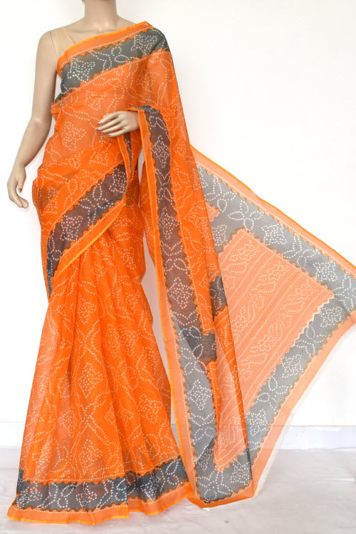 Orangr-Grey Handloom Kota Doria Cotton Saree 15425