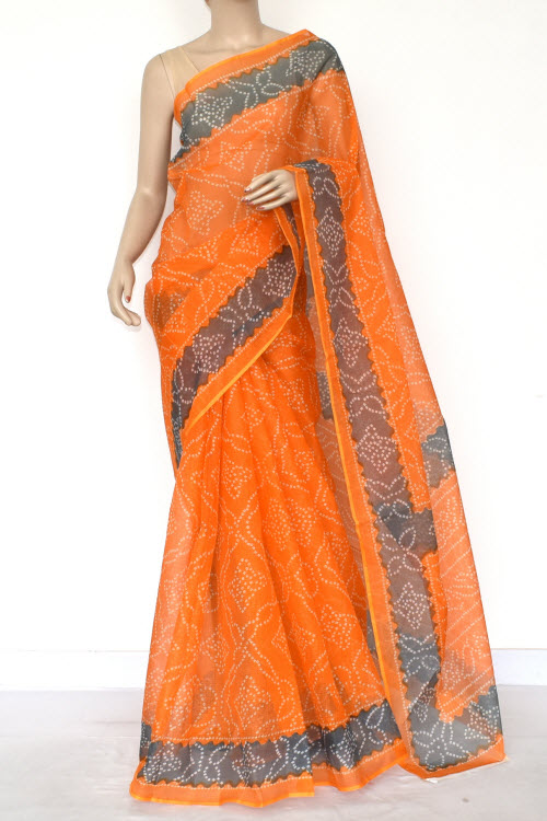 Orangr-Grey Handloom Kota Doria Cotton Saree 15425