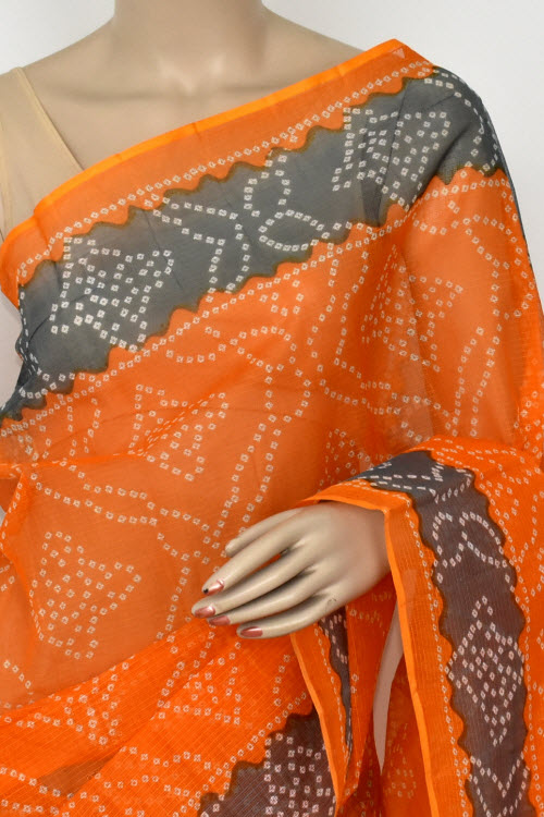 Orangr-Grey Handloom Kota Doria Cotton Saree 15425