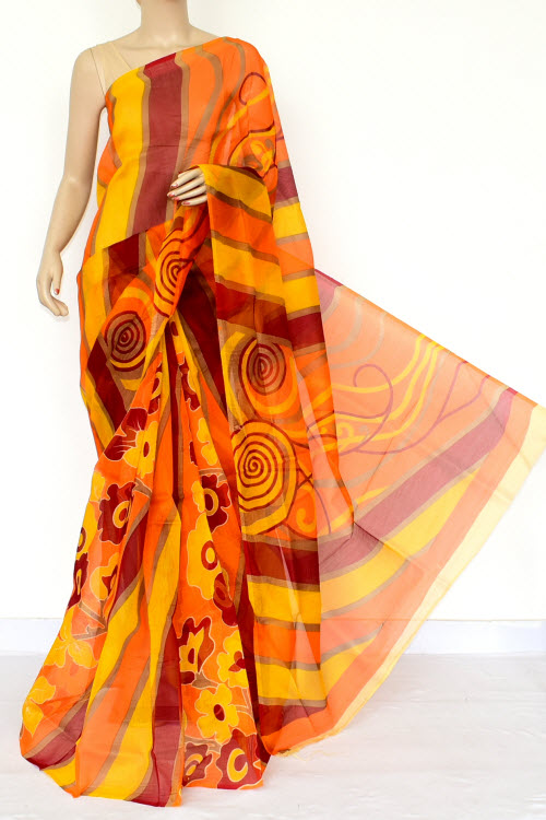 Orange-Yellow Handloom Kota Doria Supernet Saree 15456