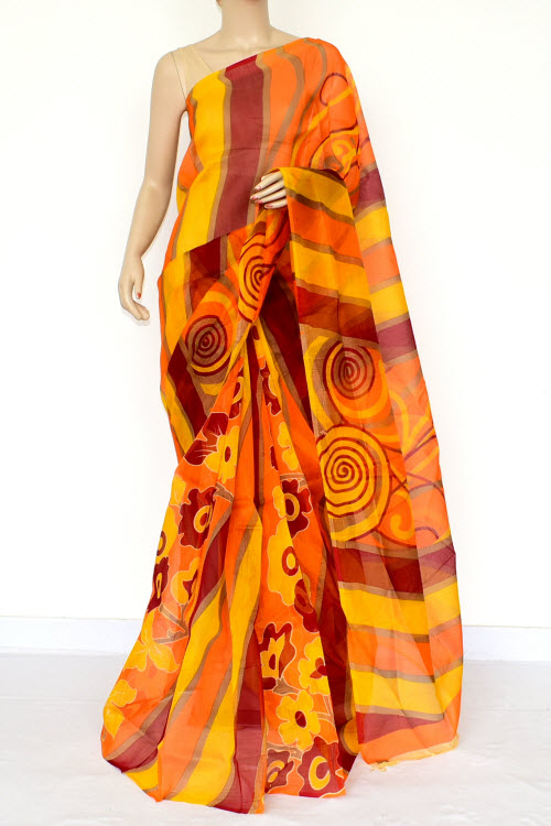 Orange-Yellow Handloom Kota Doria Supernet Saree 15456