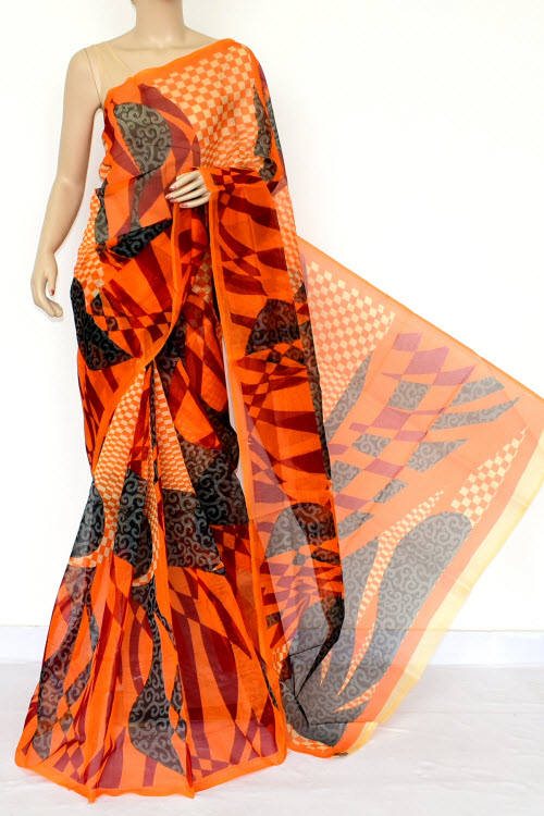 Orange Handloom Kota Doria Supernet Saree 15461