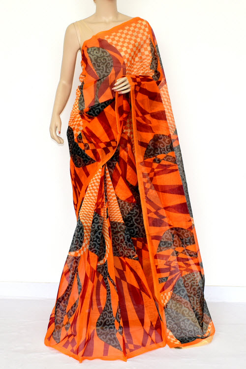 Orange Handloom Kota Doria Supernet Saree 15461