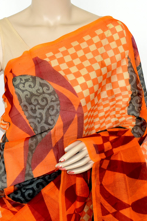 Orange Handloom Kota Doria Supernet Saree 15461