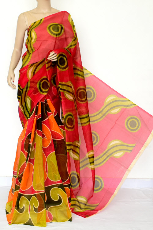 Red-Mehandi Green Handloom Kota Doria Supernet Saree 15463