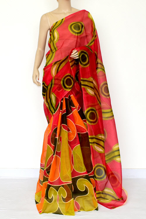 Red-Mehandi Green Handloom Kota Doria Supernet Saree 15463