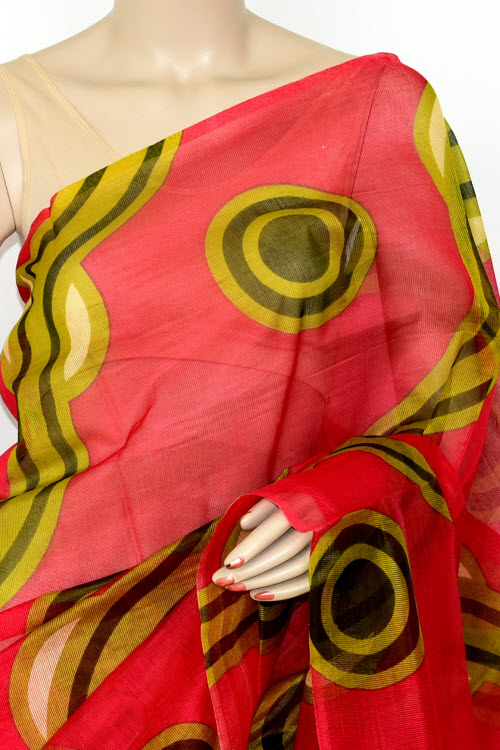 Red-Mehandi Green Handloom Kota Doria Supernet Saree 15463