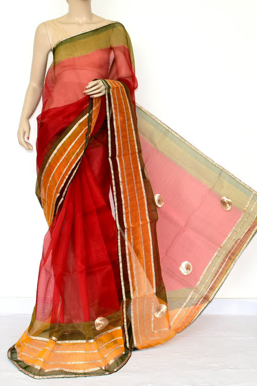 Red-Yellow Handloom Kota Doria Supernet Saree