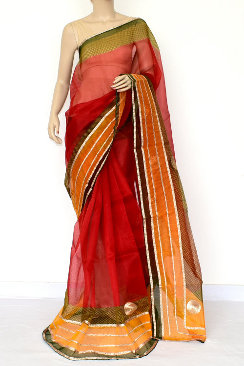 Red-Yellow Handloom Kota Doria Supernet Saree