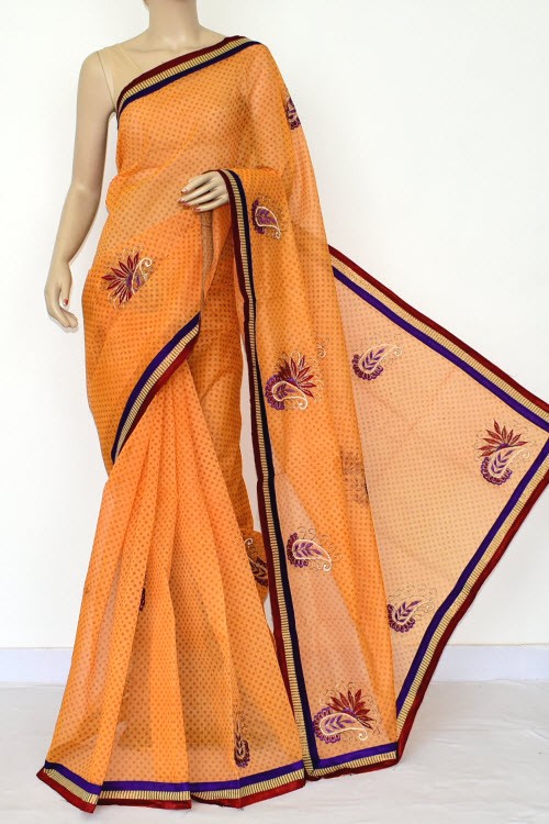 Orange Handloom Kota Doria Supernet Saree