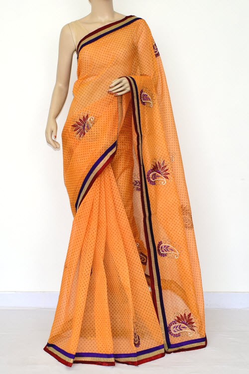 Orange Handloom Kota Doria Supernet Saree