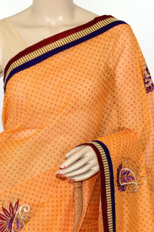 Orange Handloom Kota Doria Supernet Saree