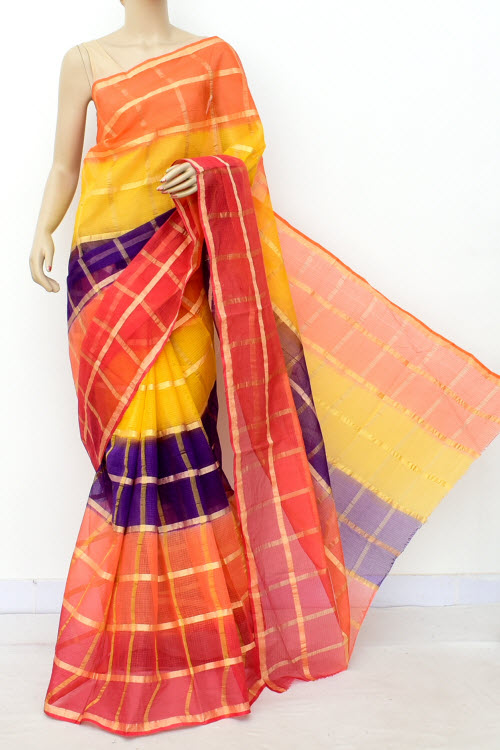Red-Yellow-Blue Handloom Kota Doria Cotton Saree