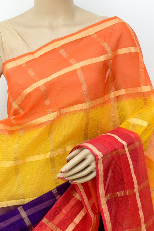Red-Yellow-Blue Handloom Kota Doria Cotton Saree
