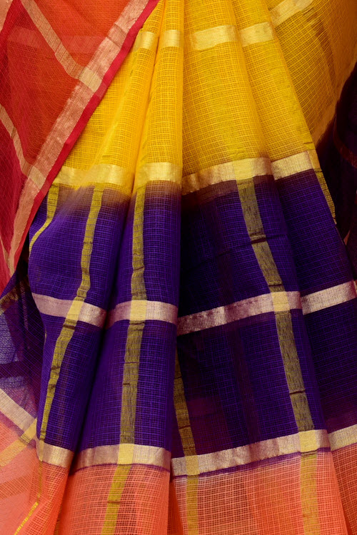 Red-Yellow-Blue Handloom Kota Doria Cotton Saree
