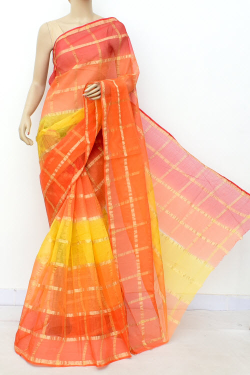 Yellow-Orange Handloom Kota Doria Cotton Saree