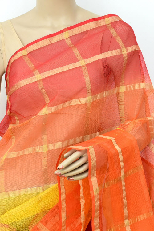 Yellow-Orange Handloom Kota Doria Cotton Saree