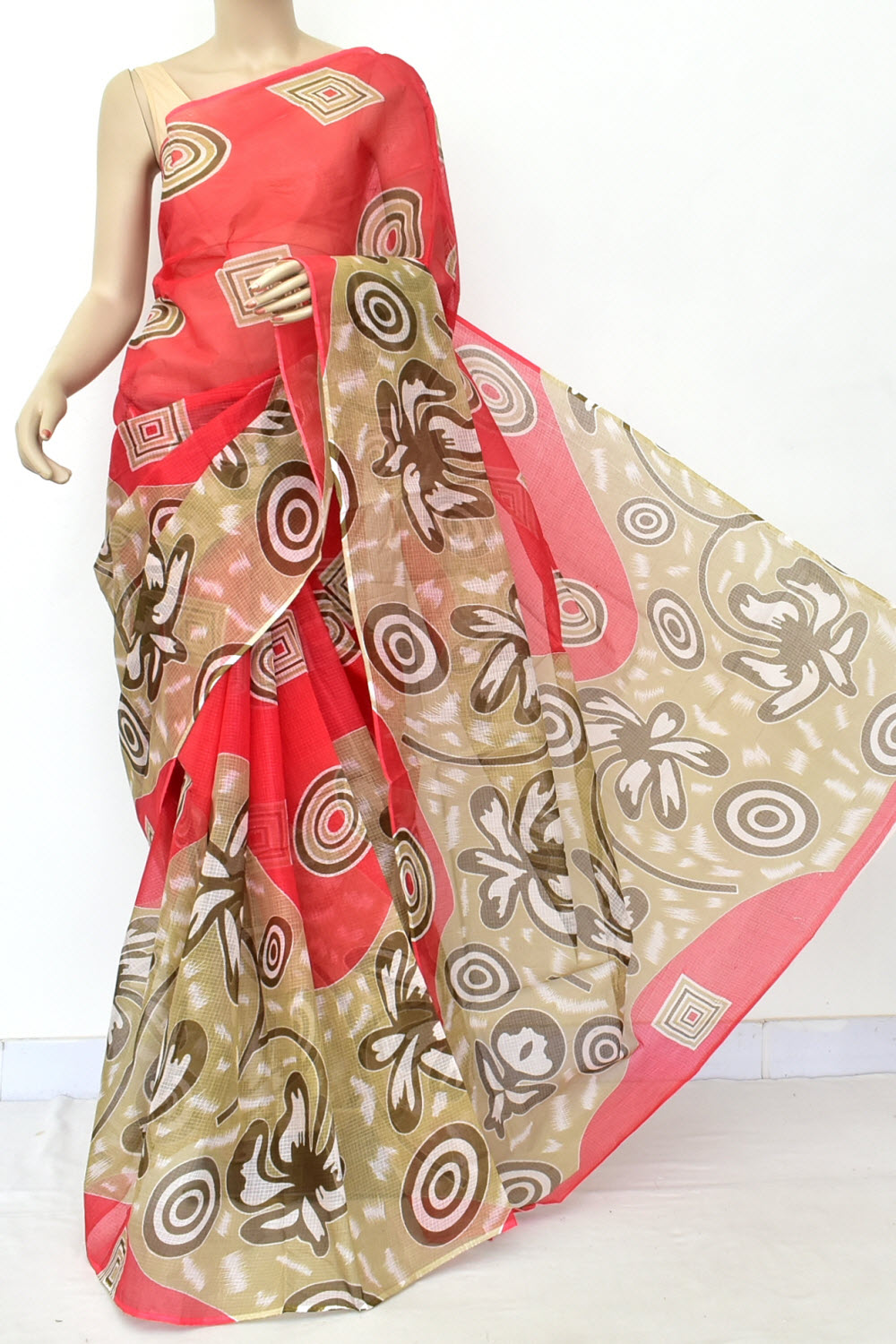 Red-Fawn Handloom Kota Doria Cotton Saree