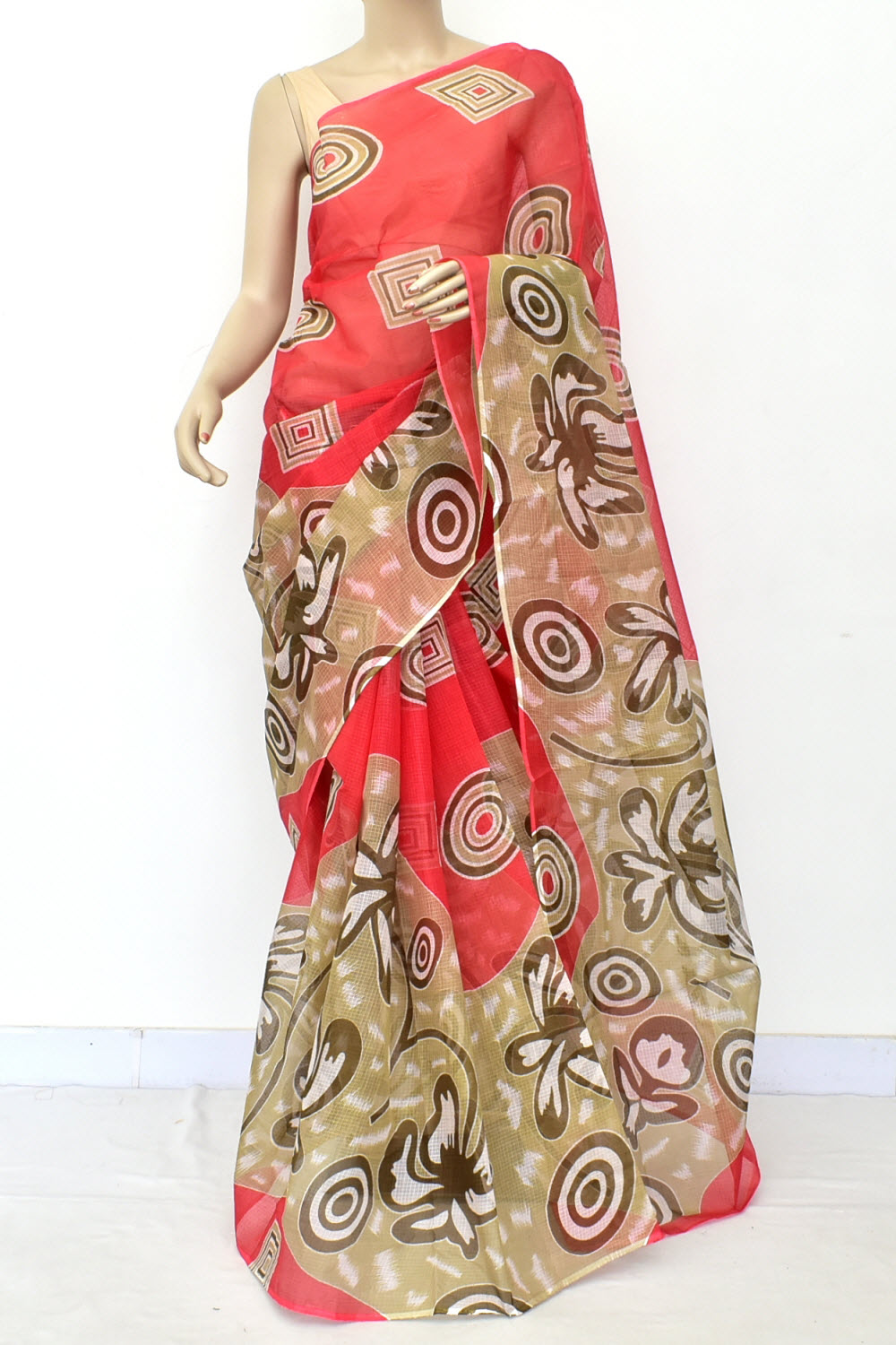 Red-Fawn Handloom Kota Doria Cotton Saree